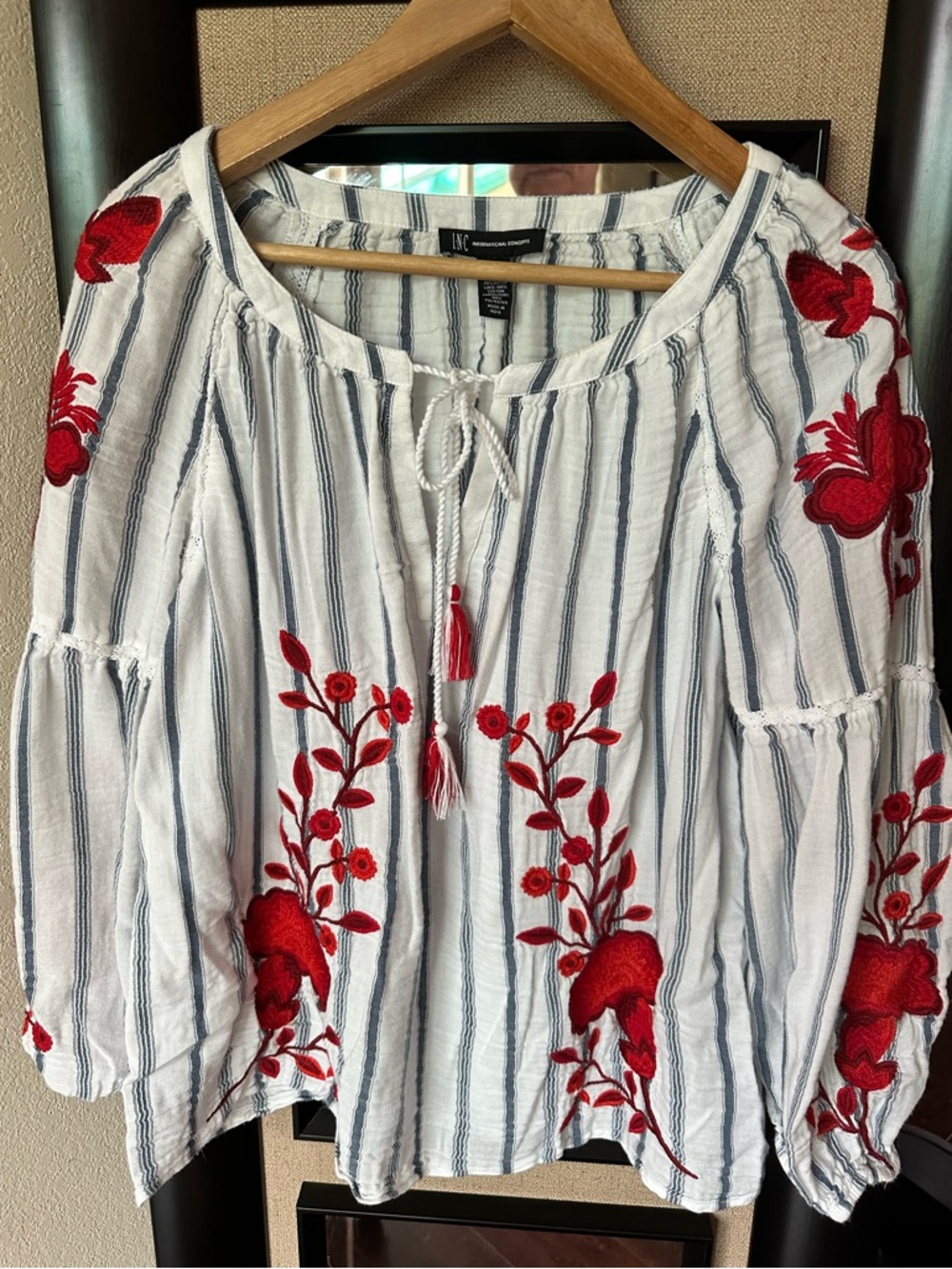 INC International Concepts White Striped Boho Blouse with Red Floral Embroidery